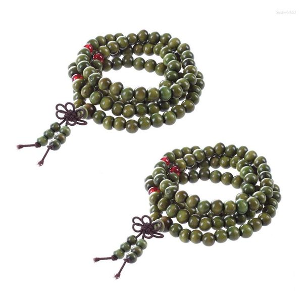 Catene 2X Perline di legno di sandalo verde oliva Buddha Buddista Mala Collana elasticizzata Rosario 29 pollici