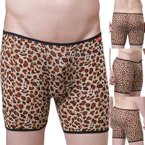 Calzoncillos sexy hombres malla leopardo pierna larga boxer calzoncillos bolsa ropa interior pantalones cortos troncos elasticidad resbalones traje de baño ropa interior
