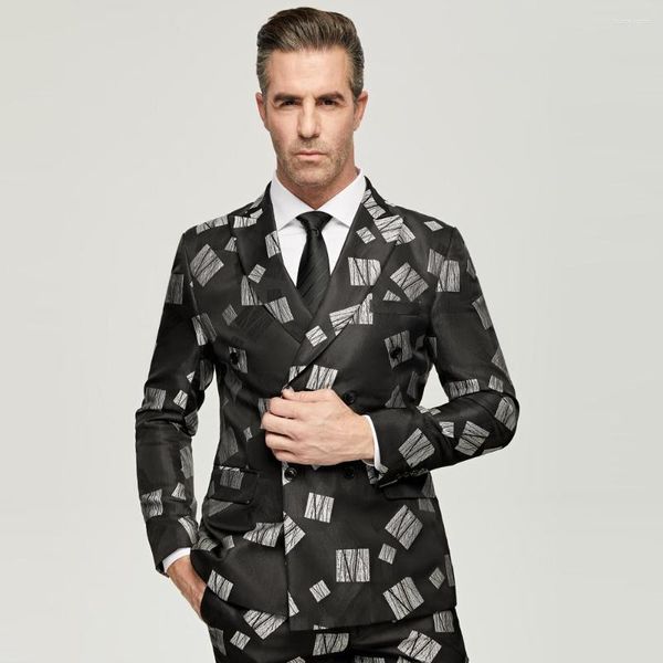 Ternos masculinos terno elegante para casamento smoking duplo breasted preto paisley jaqueta lapela calças 2 pçs conjunto noite turismo pogal