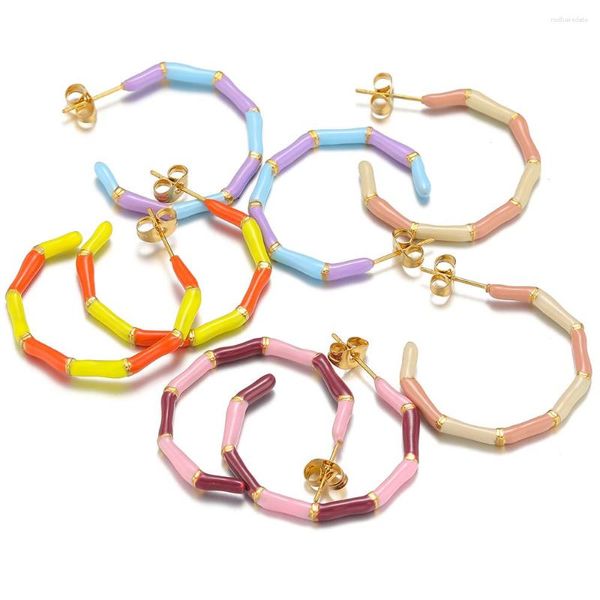 Oorringen 1 paar Goudkleurig Emaille Roestvrij Staal 30mm Bamboe Huggie Hoops Grote Vrouwen Meisjes Mode-sieraden Groothandel Accessoires