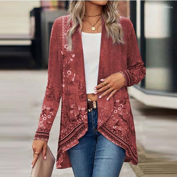 Damenjacken 2023 Casual Herbst Frauen Strickjacke Mäntel Mode Umlegekragen Vintage Print Unregelmäßiger Saum Mantel Tops