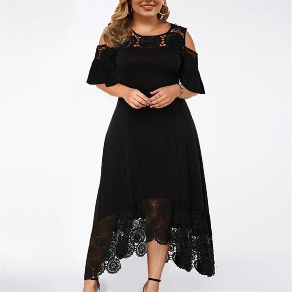 Plus size vestidos femininos sexy plissado sem alças emenda renda vestido de manga curta preto elegante solto Xl-5xl Robes290L