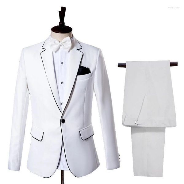Ternos masculinos fino ajuste branco causal terno jaqueta calças masculino smoking para o homem casamento noivo festa de formatura palco mostrar traje masculino