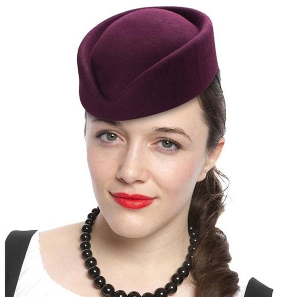 Hochwertige Baskenmütze aus Wollfilz für Damen in Tropfenform, ausgefallene Stewardess, Stewardessen, Pillbox-Hut, Millinery-Fascinator, Basiskappe 210311286i