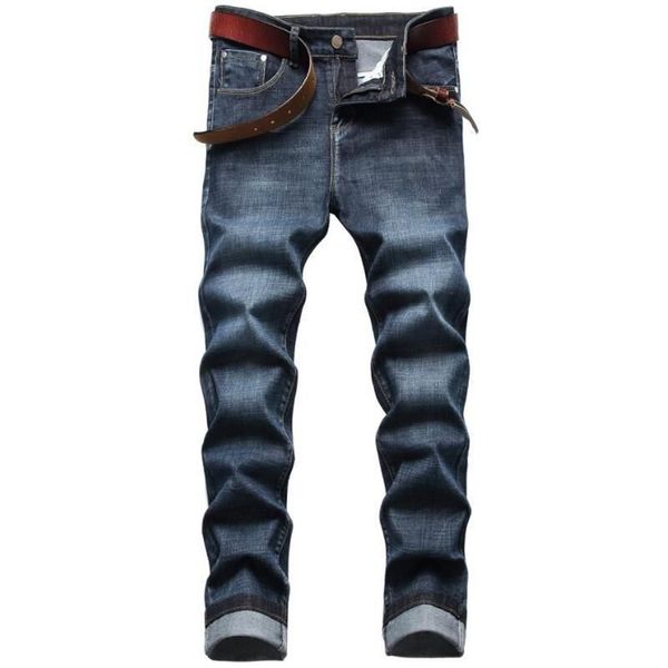 Jeans masculinos homens striaght fit clássico azul marinho calças jeans masculino inteligente casual longo elástico tamanho 42265u