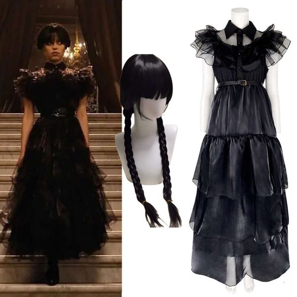 Wednesday Addams Cosplay Kostüm Gothic Schwarzes Kleid Abschlussball Party Lolita Prinzessin Kleid Halloween Karneval Kostüme für Frauen Girlscosplay