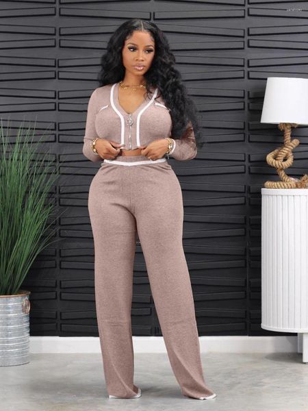 Zweiteilige Damenhose 2023 INS High-End Young Knit Sweet Casual Overalls V-Ausschnitt voller Ärmel Reißverschluss langes, breites Bein schlanke Damen 2er-Set