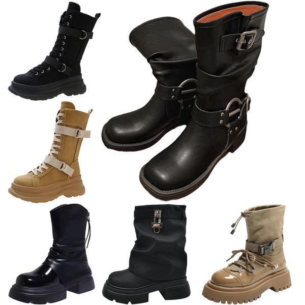 Designer de couro de comprimento médio botas de outono inverno para mulheres marrom preto temperamento de couro empilhado botas personalizadas sapatos ao ar livre eur 36-40