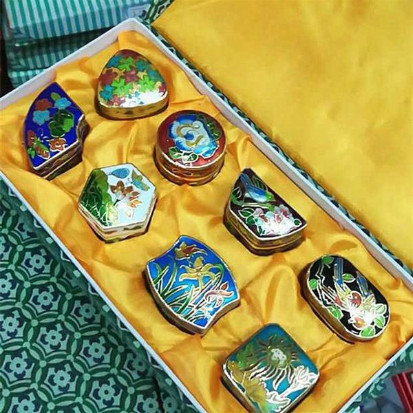 intero cinese vecchia Pechino cloisonne portagioie scatola di rame smalto per pneumatici 1 set 8PCS265j