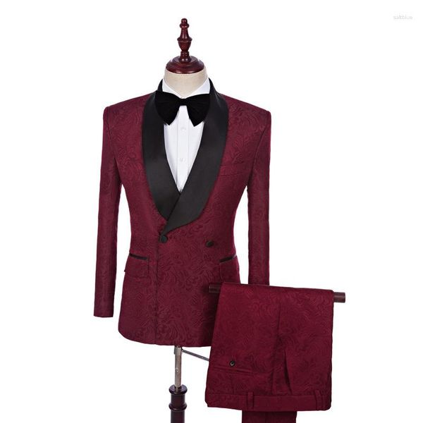 Erkek takım elbise erkekler smokin ince fit büyük şal düğün damat takım elbise ziyafet parti balo iş nedensel çift göğüslü iki düğme şarap kırmızı
