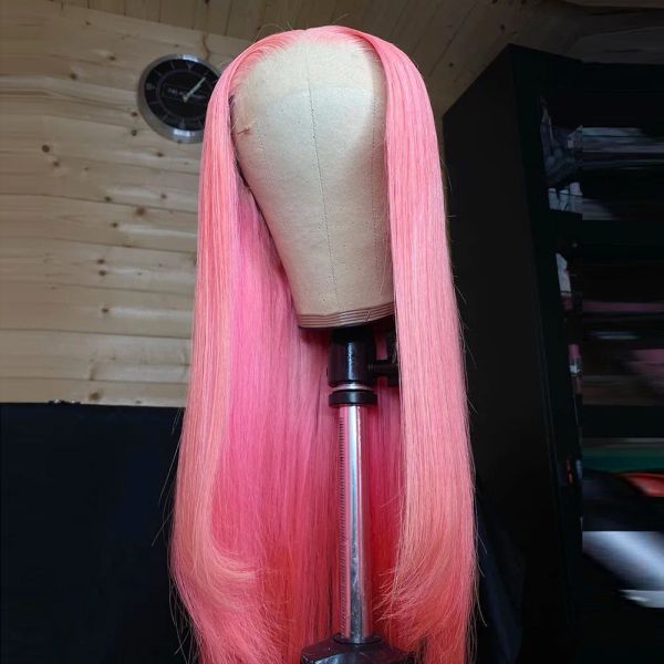Hd transparente rosa peruca dianteira do laço cabelo humano pré-arrancado brasileiro 360 osso frontal reto 613 colorido loiro/azul/vermelho/cinza cosplay perucas sintéticas para mulheresv