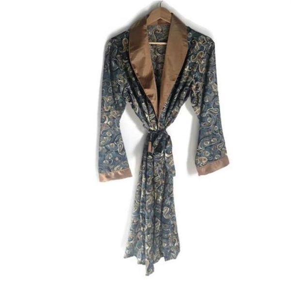 Herren-Nachtwäsche, Herren-Robe, Raucherjacke, Paisley-Retro-Morgenmantel, Goldblau, 70er-Jahre, Boho, 1970er-Jahre, Satin, Loungewear, Hausmantel, Ma269Z