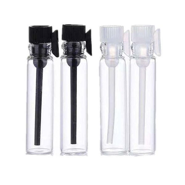 Garrafas de perfume de vidro 1ml 2ml 3ml de óleo essencial amostra vazia Tubos de teste de frascos com manchas de plástico branco preto Fragrância líquida Fragrância cosmética garrafa de teste