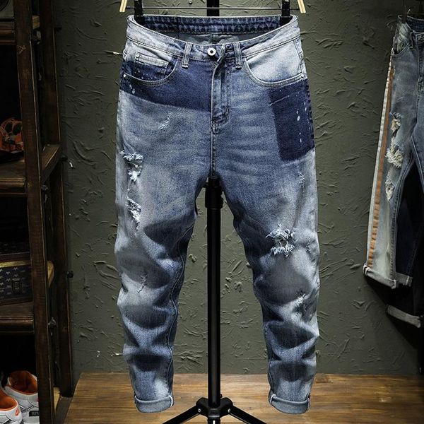 Ebaihui Классические мужские джинсы скинни из эластичного денима, потертые светло-голубые брюки с рваными отверстиями и нашивками, узкие джинсы для джоггеров 306u