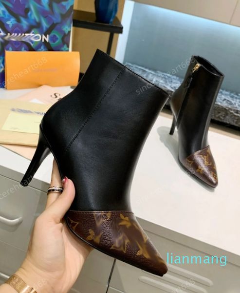 Botas de tornozelo com cadeado de couro, sapatos com zíper lateral, bota fashion de bico fino