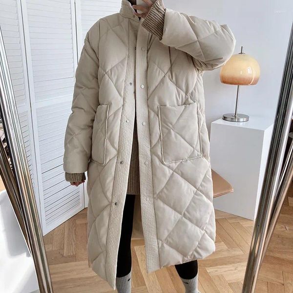 Piumino invernale da donna Cappotto lungo imbottito in cotone stile coreano Colletto alla coreana casual Modello a rombi Parka oversize Fishion