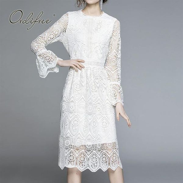 Mulheres de verão branco laço midi bordado crochê oco ver através de manga comprida túnica elegante vestido de festa 210415237b