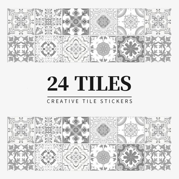 Наклейки на стену, 24 шт., серые марокканские винтажные художественные водонепроницаемые виниловые наклейки, плитка для домашнего декора, кухня, ванная комната, сделай сам, наклейка 231009