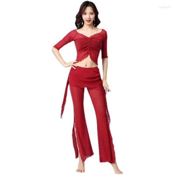 Abbigliamento da palco Costume da danza del ventre Abbigliamento da esercizio Abbigliamento sexy in rete Top a mezza manica da donna Pantaloni Set Fan Principiante Bellydancer Estate