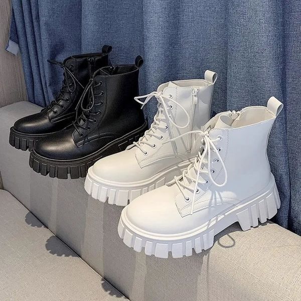Ботинки на массивной платформе, женские кожаные ботильоны на квадратном каблуке, женские полусапожки в стиле армейского стиля на шнуровке, белые, черные, женские 231009