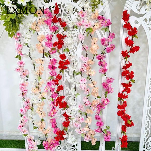 Fiori decorativi 170 cm Fiore di ciliegio artificiale Fiore di vite Soffitto Matrimonio Composizione floreale Materiale Piante finte Decorazione da giardino in rattan