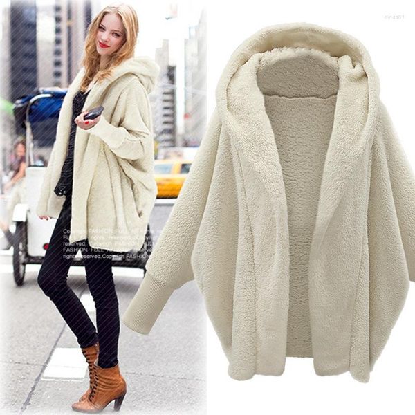 Lã feminina inverno grande cardigan roupas para mulher sólida manga longa jaquetas com capuz solto casacos de pelúcia feminino