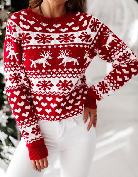 Hässlicher Weihnachtspullover Damen Weihnachtsstrickpullover Mantel Strickjacke Rot Weiß Rentier Schneeflockenmuster Rundhalsausschnitt S M L XL XXL