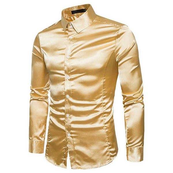 Camisa de seda masculina cetim suave sólido smoking camisa de negócios para homens casual fino ajuste brilhante ouro vestido de casamento camisas 210610309z