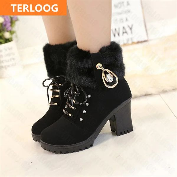 Stivali invernali donna tacchi alti scarpe calde antiscivolo blocco pelle scamosciata di mucca stivali da neve caldi stilista cristallo peluche Goth Botas 231009