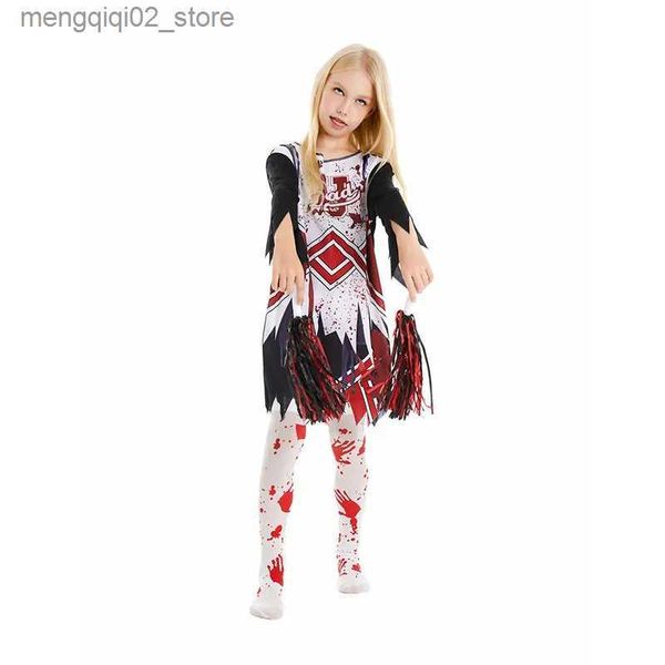 Tema Traje Halloween Girl Zombie Cheerleading Masquerade Venha Meias de Sangue Uniforme Infantil Halloween Tema Festa Cosplay Venha Q231010