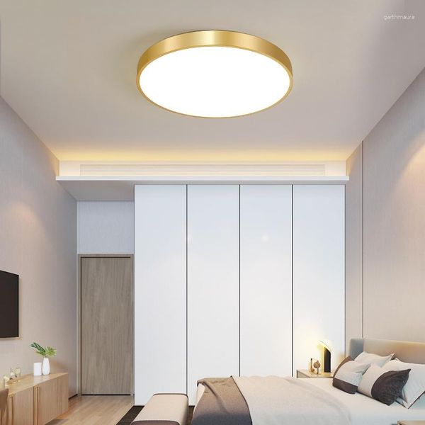 Luzes de teto modernas LED luz ultra fina lâmpada de cobre para quarto sala de estar restaurante simples iluminação redonda lustre