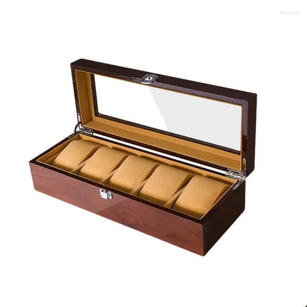 Uhrenboxen Box 6 Slots Organizer für Männer Holzaufbewahrung Display Samtweiches Kissen Acrylglasgehäuse Rot