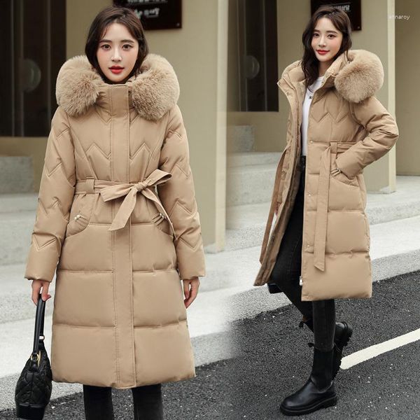 Trench da donna 2023 moda coreana piumino in cotone con cappuccio giacca invernale da donna tutto-fiammifero collo in pelliccia lunga Parka cappotto tuta sportiva da neve