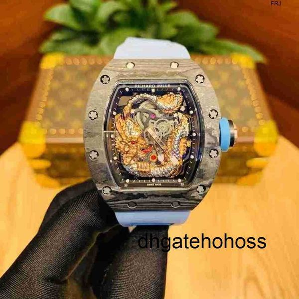 RichardMill Orologi Richads Milles Star Jackie Chan Orologio a barilotto con quadrante grande Orologio da uomo Trend impermeabile blu carbonio brasato Wei Hollow Miller meccanico