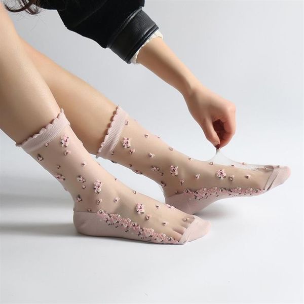 Meias Hosiery 1 Par Mulheres Flor Meia Verão Lace Cristal Vidro Seda Curto Fino Transparente Rosas Jacquard Elástico Ultrathin203o