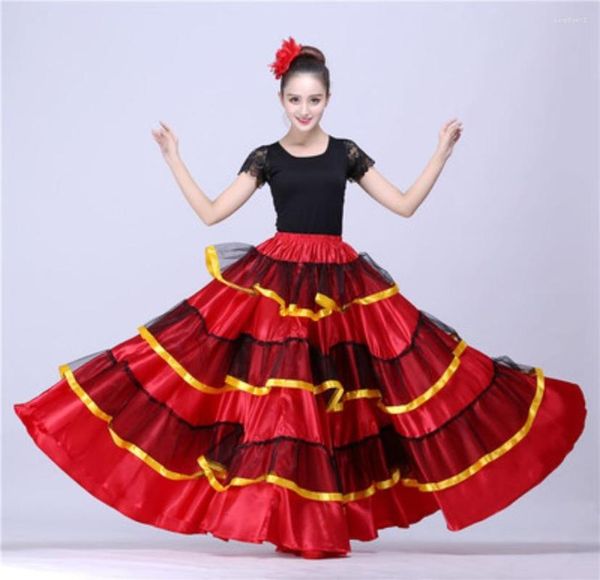 Abbigliamento da palcoscenico Costumi da ballo per ragazze Rosso Nero Raso Solido Abito da flamenco spagnolo Gonna lunga femminile per feste da ballo con lacci