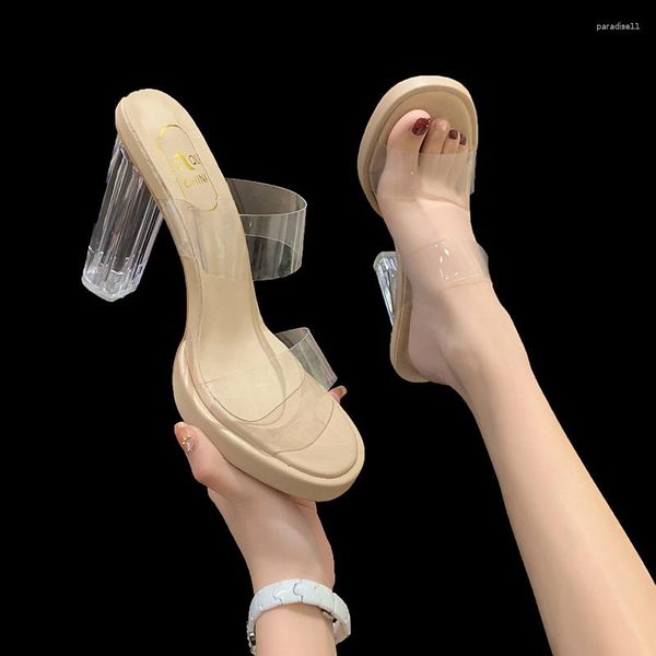 Sapatos de vestido transparente chinelo feminino verão wear 2023 de salto alto coringa fada vento sandálias grossas e chinelos plus size.
