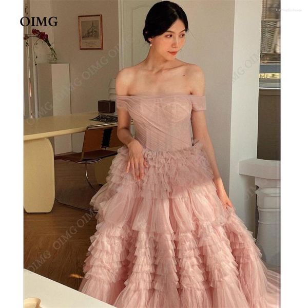 Abiti da festa OIMG Fata Dusty Pink Tulle Lungo ballo di fine anno Corea con spalle scoperte Ruffles Abiti da sera da principessa Abito formale