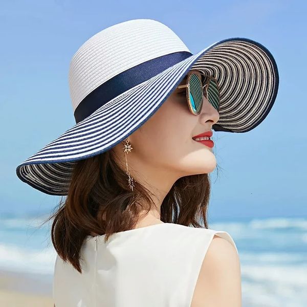Geniş pis şapkalar kova şapkaları moda hepburn rüzgar siyah beyaz çizgili bowknot yaz güneş şapka güzel kadınlar saman plaj şapka büyük kısrak şapka 231009