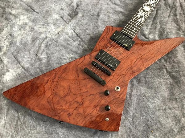 Ironico metallizzato James Hetfield Kenneth Lawrence Top trapuntato in bubinga Chitarra elettrica marrone Corpo in mogano Sun Ray Flame Inlay Cina EMG Pickups Hardware nero