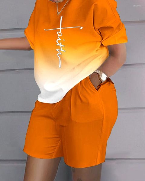 Fatos femininos verão gradiente impressão bolso curto conjuntos terno 2023 t camisa shorts duas peças conjunto casual manga tshirt outfit feminino