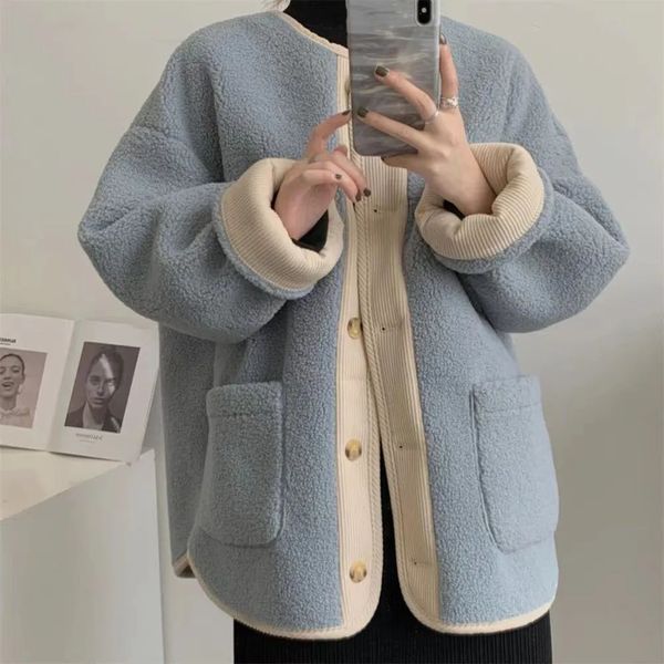 Women' Blends Koreanische Mode Lamm Jacke Frauen Rundhals Einreiher Flauschigen Mantel Frau Herbst Winter Langarm Warme Jacken Damen 231009