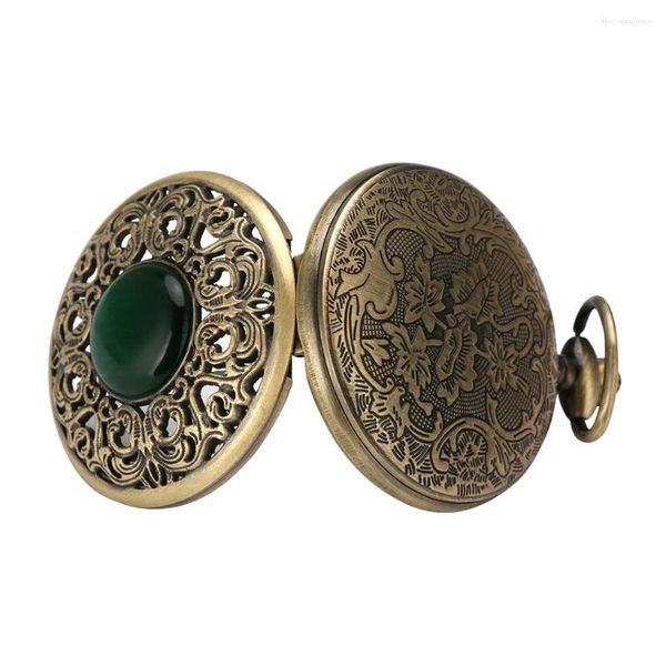 Orologi da tasca Orologio da polso con pietra imitazione smeraldo di cristallo scavato in bronzo. Bellissima collana a catena