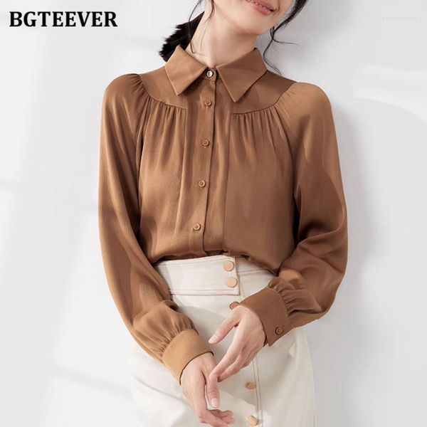 Blusas femininas BGTEEVER elegante outono solto mulheres single-breasted chiffon camisas elegante manga longa feminina lapela blosues senhoras sólidas