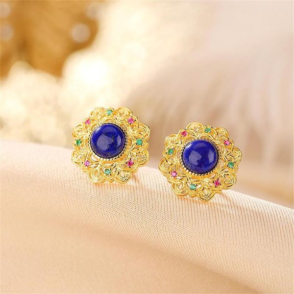 Stud Küpeler FS LAPIS LAZULI S925 STERLING Silver Hollow Ayçiçeği Cazibesi Güzel Moda Düğünleri Trend Setter Takı Kadınlar Meibapj