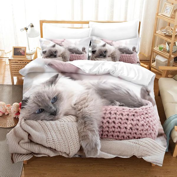 Conjuntos de cama Bonito Gato Duveta Capa 3D Animal Set Pet Kitten Consolador Microfibra Twin Full King para Crianças Adolescentes Meninos Quarto Decoração 231009