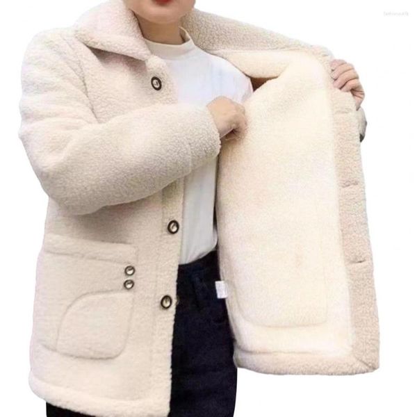 Jaquetas femininas engrossadas imitação de lã de cordeiro outwear confortável jaqueta feminina elegante lapela manga longa para outono/inverno