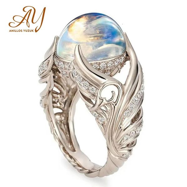 Кольца Anillos Yuzuk, серебряное ювелирное кольцо, винтажное красочное кольцо большой круглой формы для женщин с крыльями ангела, лунный камень Femme 231009