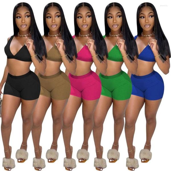 Mulheres Tracksuits Casual Sportswear Sólido Curto Tracksuit Mulheres Sexy V Pescoço Sem Mangas Crop Top Biker Shorts Bodycon Two Piece Set Workout