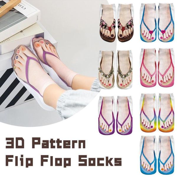 Meias femininas 3d pé impresso para novidade tornozelo baixo femme meninas algodão casual engraçado criativo flip-flop sapatos impressão s p1h8